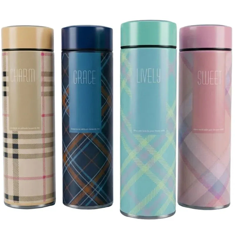 Products LED Temperature Display Water Bottle | Checkered Design | Smart Stainless Steel Vacuum 500ml Flask | Random Color