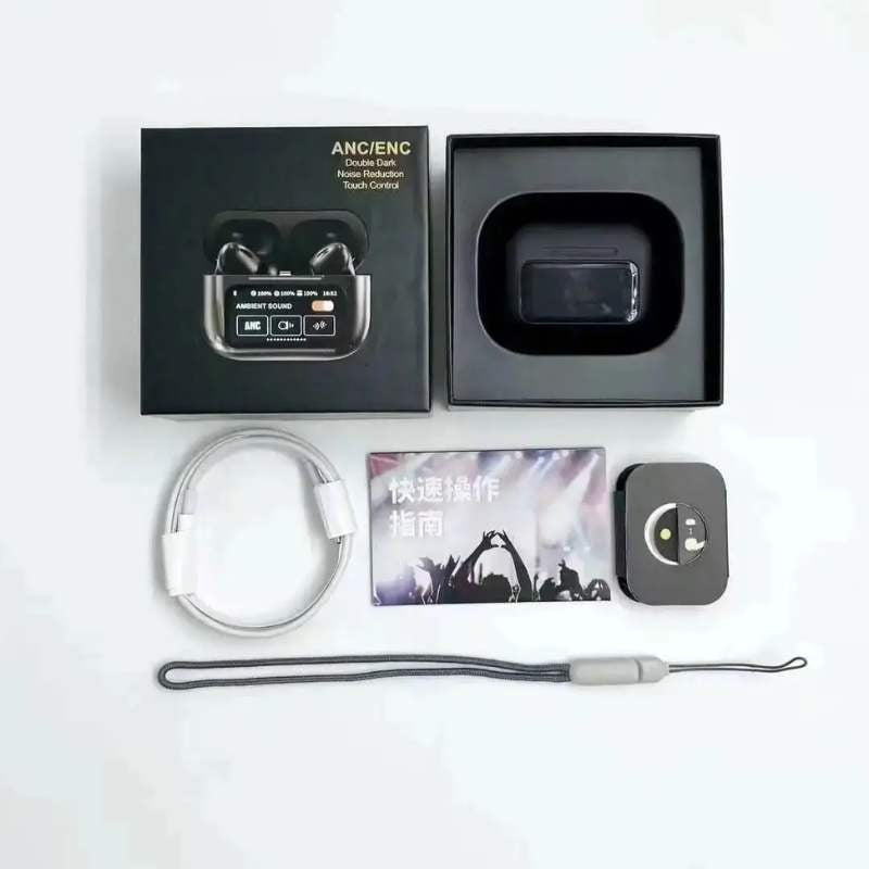 Black A9 Pro ANC Bluetooth 5.4 Wireless Earbuds with Smart Screen and Active Noise Cancellation